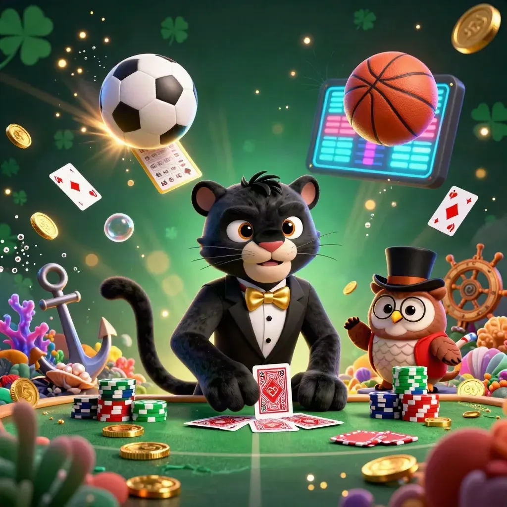 Panther, owl, and mouse amid casino treasure chaos, with balls, coins, coral, and neon glows.