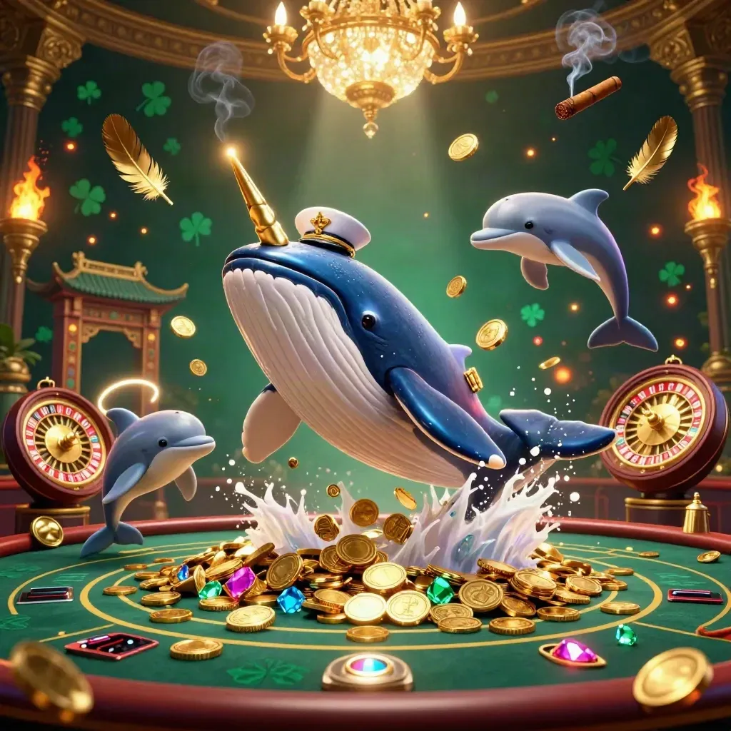 Whale captain, narwhal, and dolphins in a neon casino sea of coins and torchlight