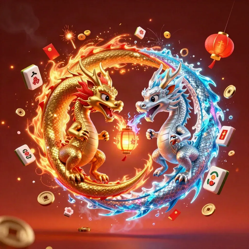 Twin gold and silver dragons spiral with fire and ice amid casino charms and glowing embers.