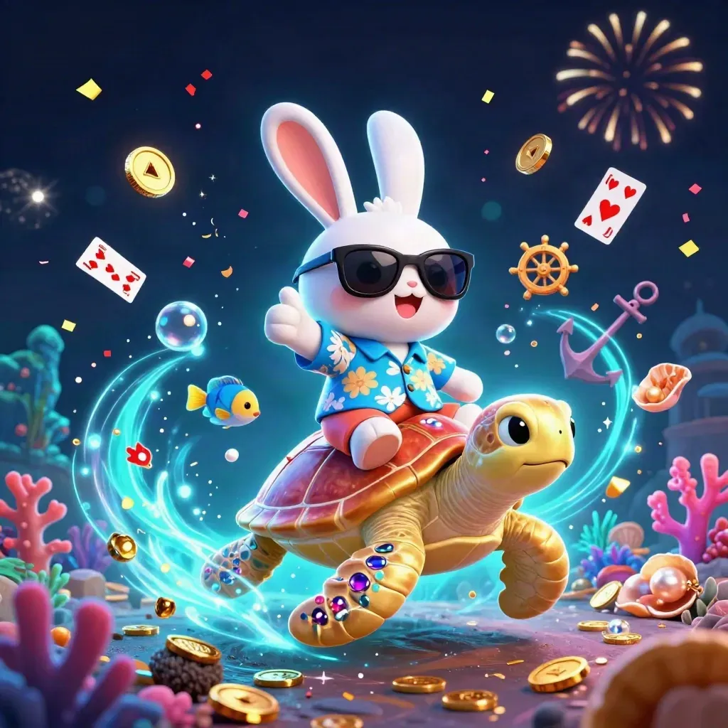 Lucky rabbit rides a gem-turtle in a glowing treasure cove with cyan magic and gold coins.