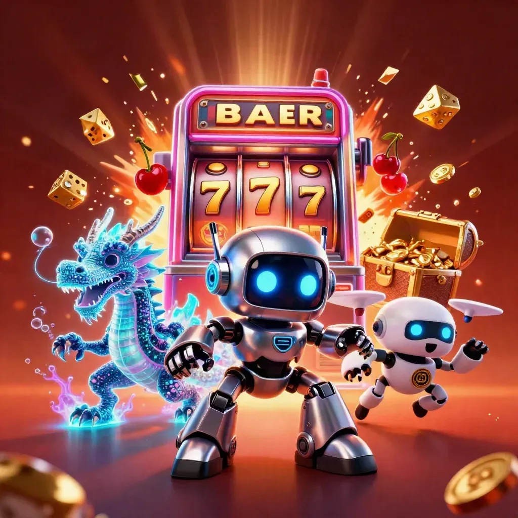 Cyberpunk robot, holographic dragon and coin drone burst from a glowing slot machine amid gold and neon sparks