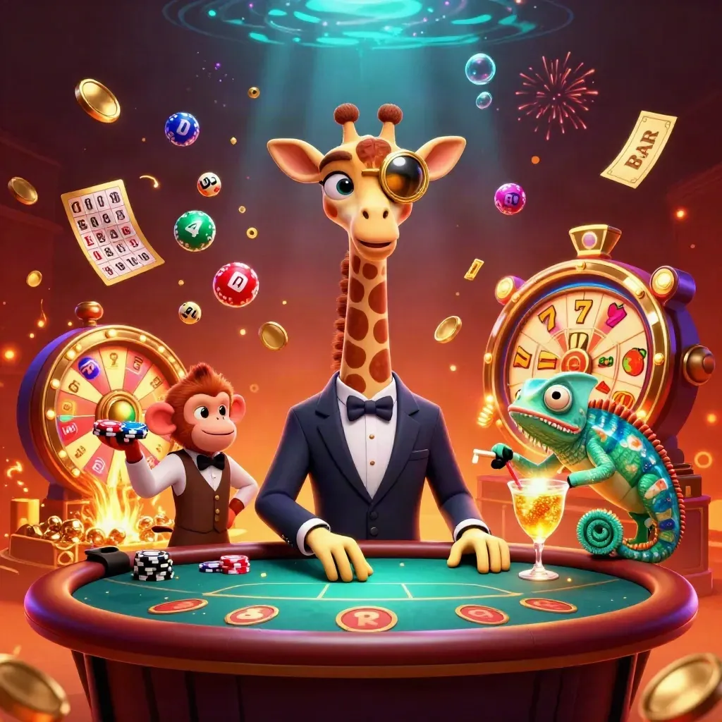 Giraffe, monkey, and chameleon in a neon casino scene with coins, reels, and fireworks.