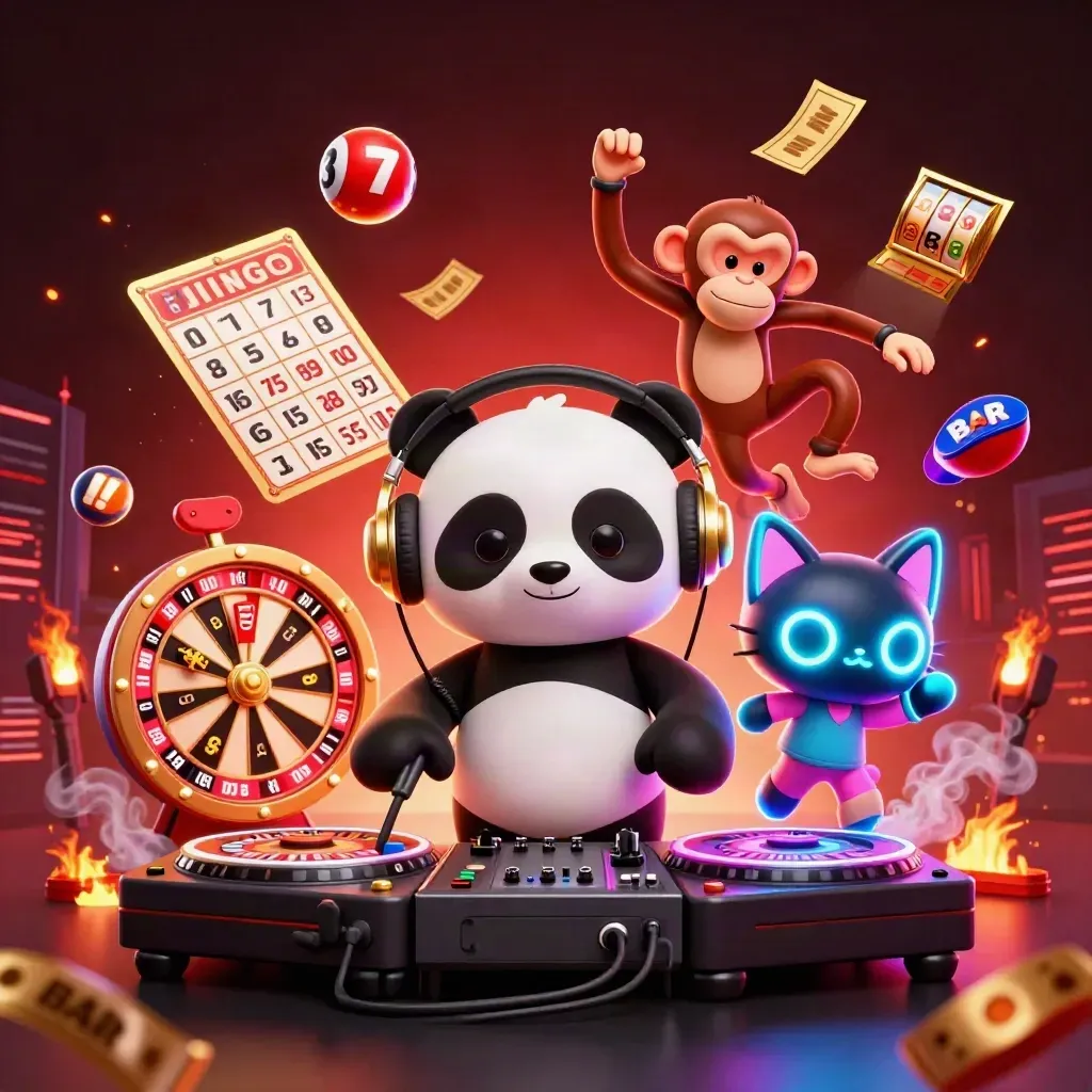 DJ panda, breakdancing monkey and glow-stick kitten amid casino reels and neon sparks